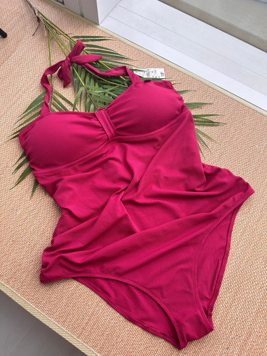 Raspberry Halter Tie Back Plus Size Swimsuit